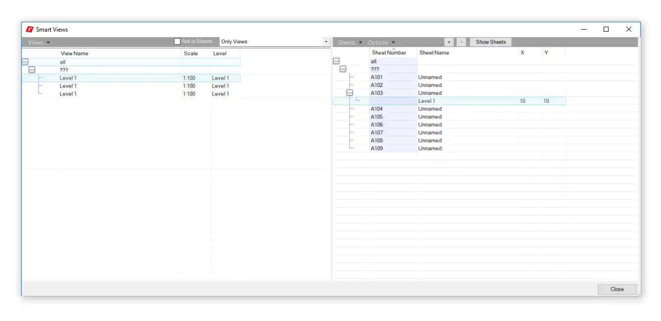 Simple and easy: views in the left box / sheets in the right box