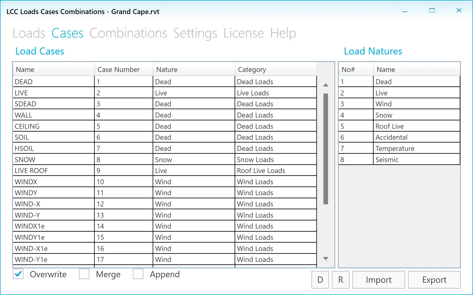 Import Export Load Combinations from/to Excel