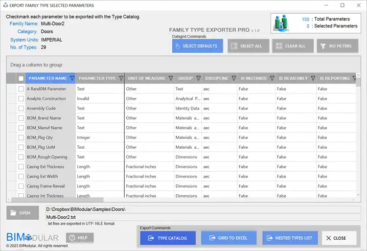 Initial Datagrid View when opening Family Type Exporter Pro.