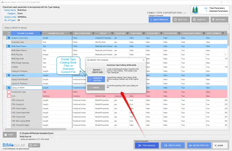 Export Type Catalog with options to backup or overwrite existing catalog.