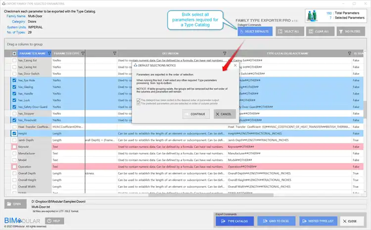 Bulk select default Type Catalog parameters. Select primary parameters first then bulk selected the remaining.