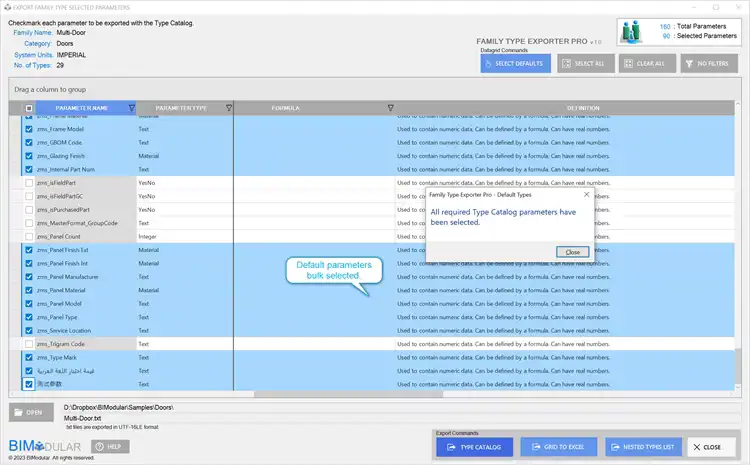 Within seconds all required parameters are selected and ready for export.