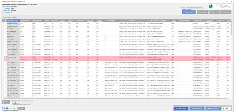 Expanded datagrid view of all parameter data.