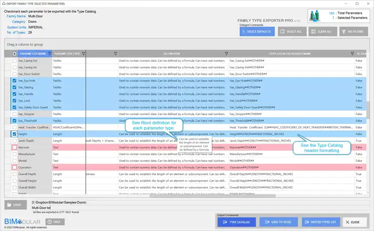 See parameter definitions and Type Catalog header formatting of each parameter.