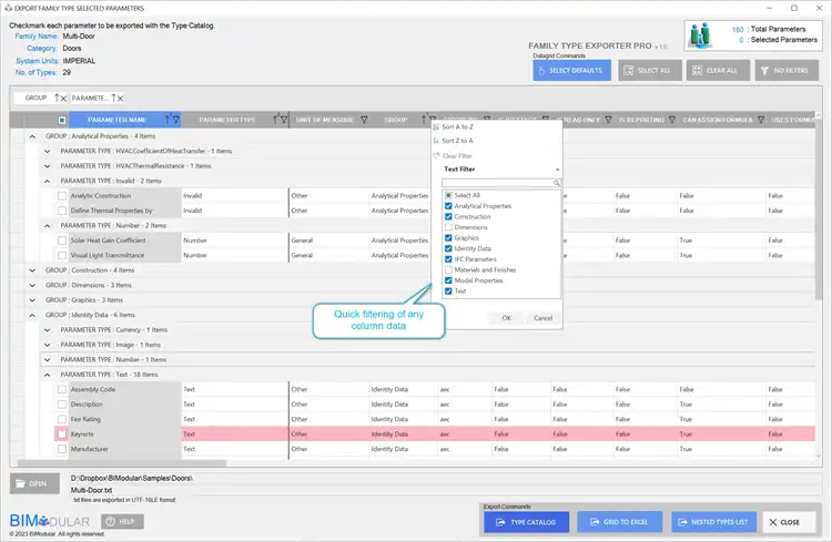 Filter parameter columns by internal values and user assignments.