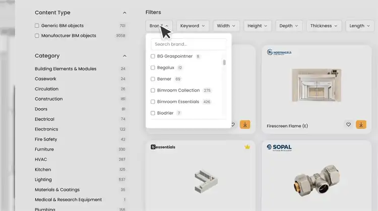 Find the right BIM object instantly - search by keyword and refine results with powerful filters and facets.