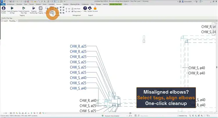 Arrange tools: align and space tag leader elbows for clean, readable layouts.