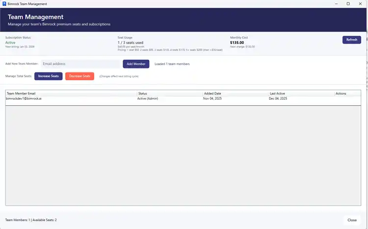 Team management - manage subscriptions, seats, and team members from within Revit