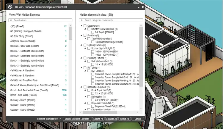 Start: Click on DiFlow/add-ins > Hidden Elements > UnHideElements
Select view: Choose a view from the left panel