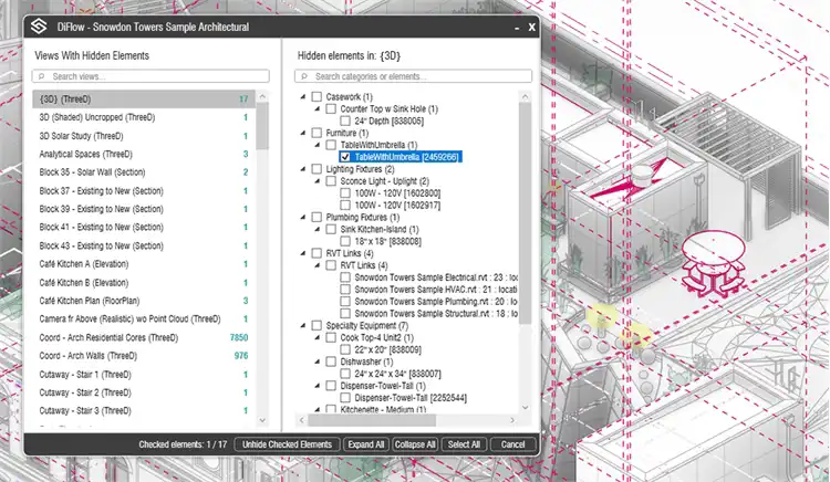 Explore: Navigate through categories → families → elements
Select: Check individual elements or entire categories