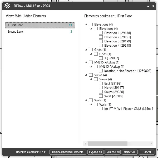 It locates explicitly hidden elements ("Hide Element") in compatible Revit views (plans, sections, 3D), organizes them i