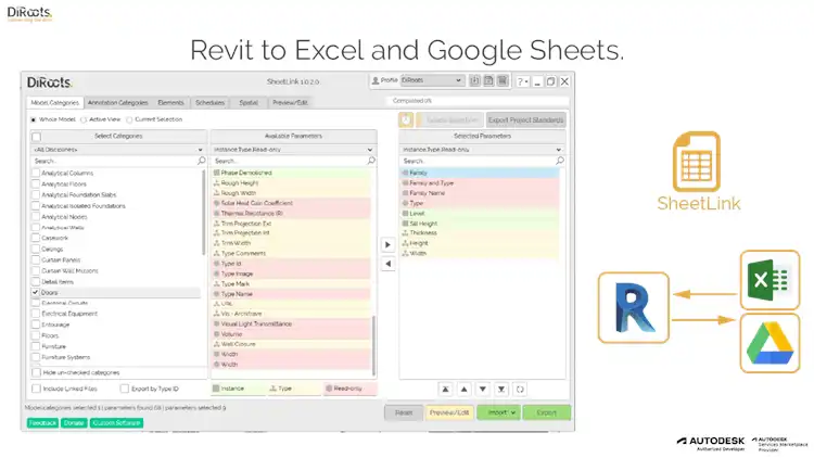 SheetLink is a free Plugin that allows you to synchronize the model data back and forth between Autodesk Revit and sprea