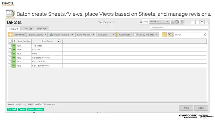 Create multiple Sheets, place Views based on a template, and manage Sheet Revisions.