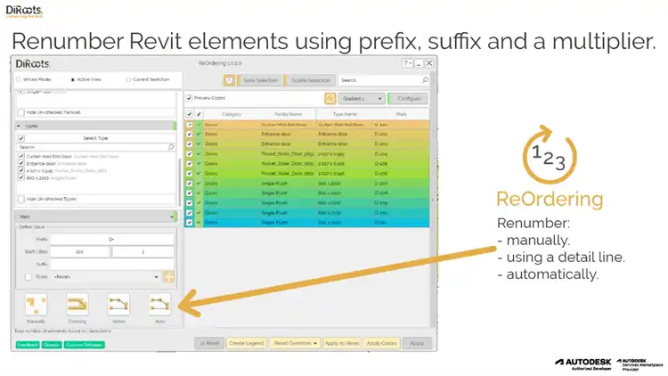 Renumber Revit elements using a prefix, a suffix, and a multiplier. Randomly, one by one, or using a Detail Line.
