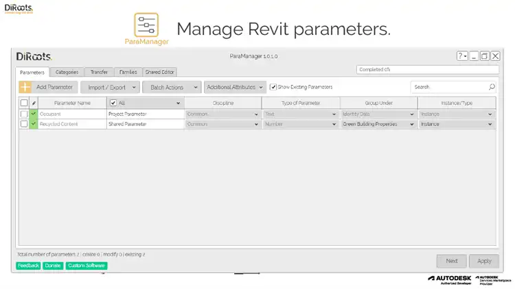 Manage Revit parameters inside the project and family environments.