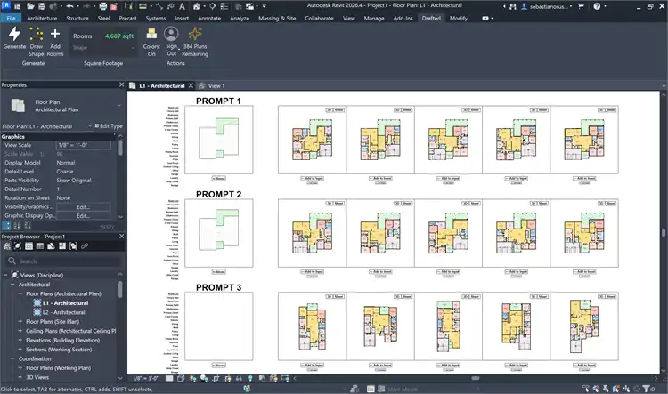 3 Rounds of generations on the canvas, each round outputs five fully editable house plans.
