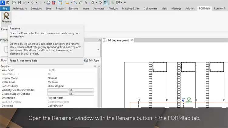 Open the Renamer window with the Rename button in the FORMlab tab.