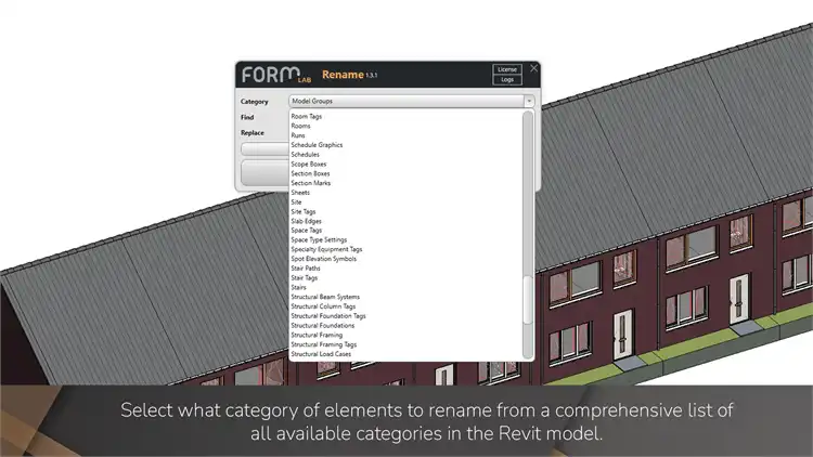 Select what category of elements to rename from a comprehensive list of all available categories in the Revit model.