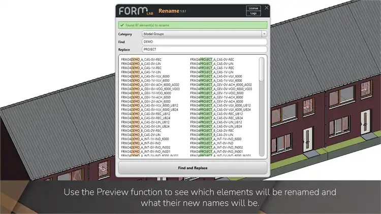 Use the Preview function to see which elements will be renamed and what their new names will be.