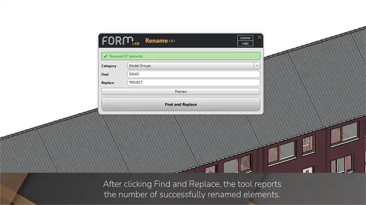 After clicking Find and Replace, the tool reports the number of successfully renamed elements.