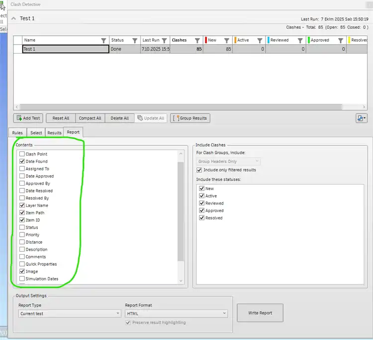 Only the marked ones should be selected in the export setting of the Navisworks report.