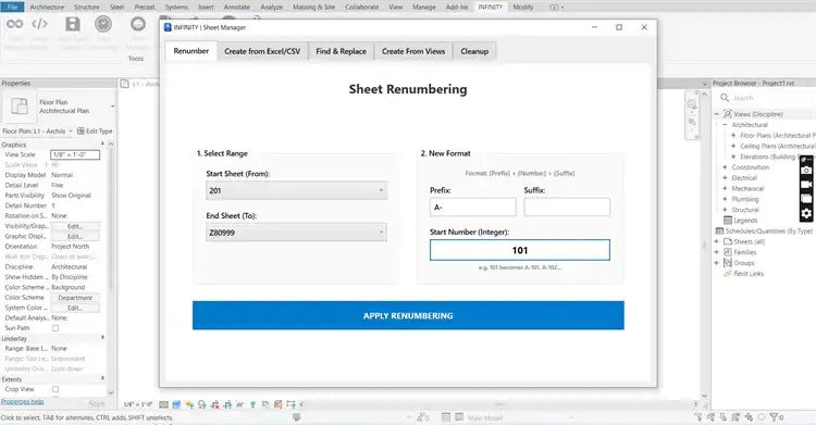 Create sheets from Excel, duplicate existing sheets with views, and renumber entire sets in seconds