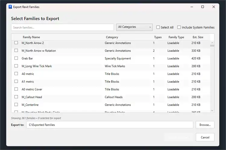 Export Families - Batch exports multiple families to RFA files with category organization, custom naming conventions.