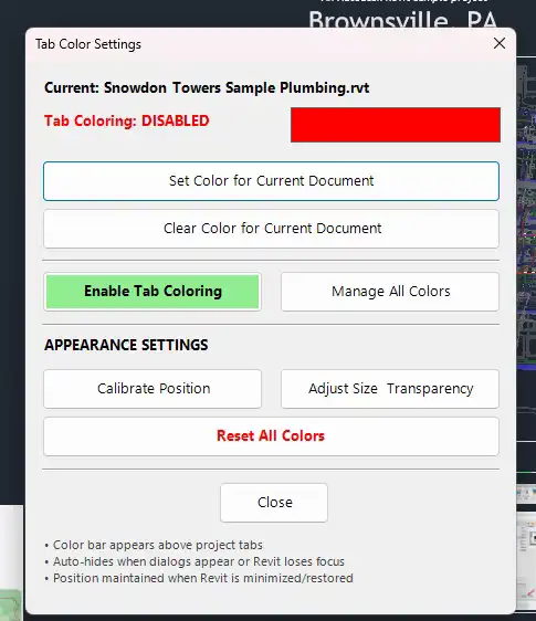 Tab Color Command - Customizes the Revit interface tab color to visually distinguish between different projects.