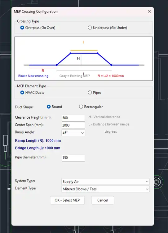 Overpass/Underpass Creator - Automatically generates MEP crossings using ducts or pipes with customizable dimensions