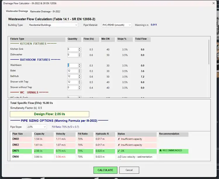 Drainage Calculator-Computes wastewater and rainwater drainage flows per Romanian Standards I9-2022 & SR EN 12056-2.