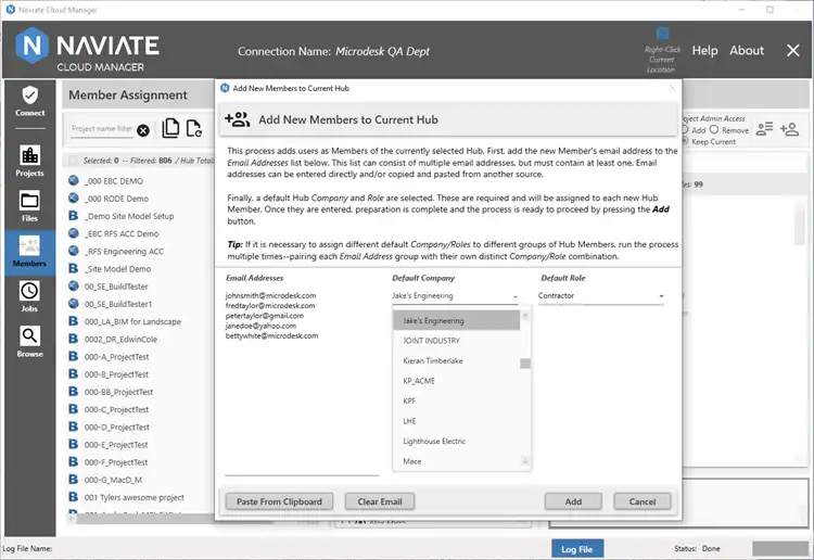 Add Hub Members In bulk and set default company and role can be performed by Project and Account Admins. 
