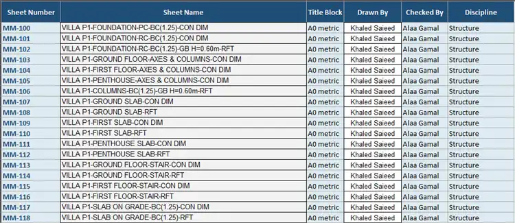 An example template of the Excel sheet layout.