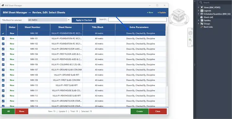 The image shows the parameter names in the title block that the tool has recognized.