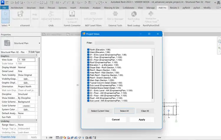 You can run the plugin on the current view, or select particular views (2D only), using filteras