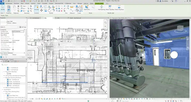 Panorama image with scanner standpoints (spheres) and overlayed Revit design