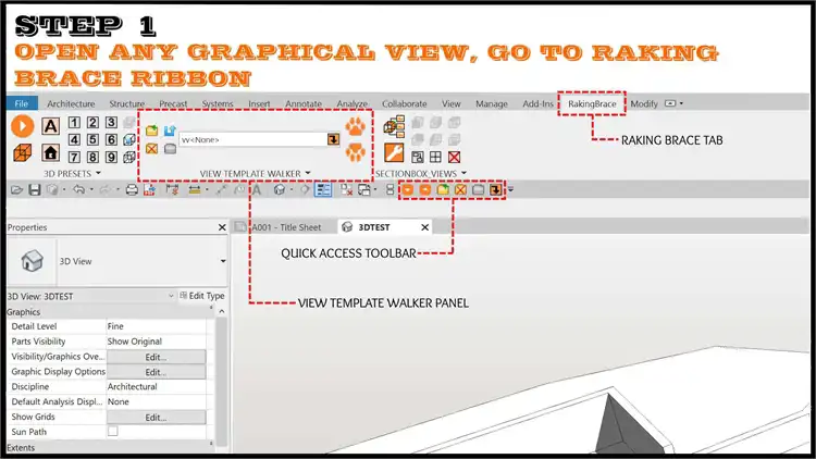 Open any graphical view (Floor Plan, Section, 3D View).
Go to the Raking Brace tab on the Ribbon.