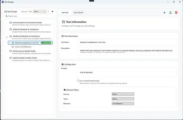 Create and configure and manage tests with simple text prompts and filters.