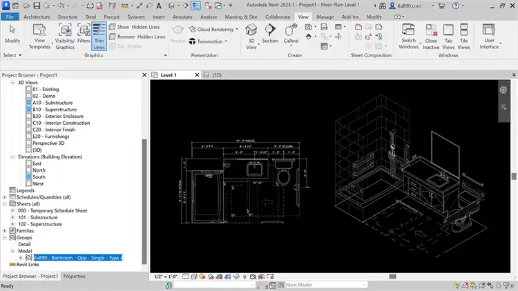 5. (Bathrooms)
Drag and drop from project browser into building floor plan. 
Toggle dimensions on/off in each view.