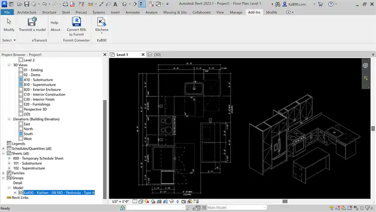 5. (Kitchens)
Drag and drop from project browser into building floor plan. Toggle dimension on/off in each view.