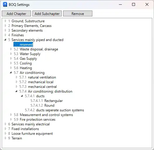 Example of BoQ chapter settings (in this case based on NL-sfb)