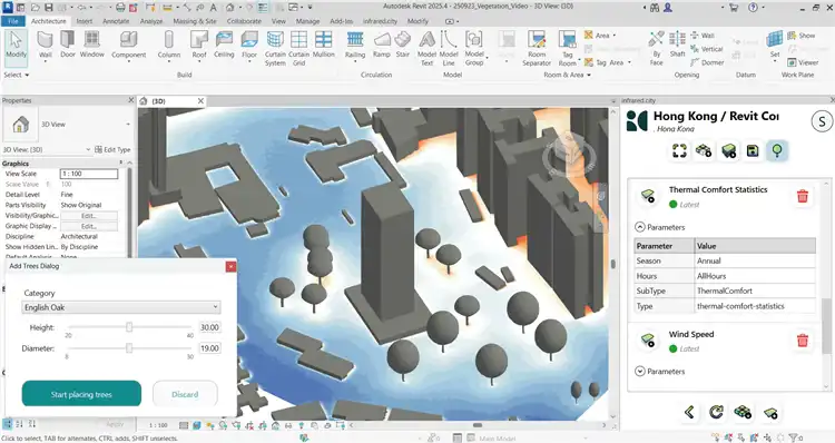 Add trees directly in Revit with full control over species, height, and diameter — then instantly simulate outdoor comfo